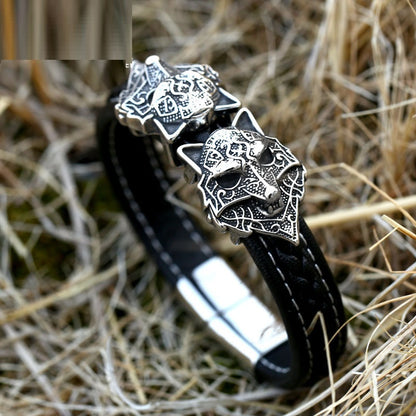 Vintage Edelstahl-Armband mit doppeltem Wolfskopf