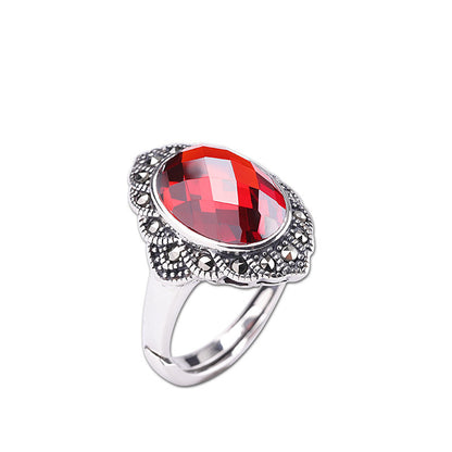 Bague en argent réglable rouge grenat fleur vintage