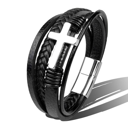 Stainless Steel Leather Cross Brown Black Bracelet