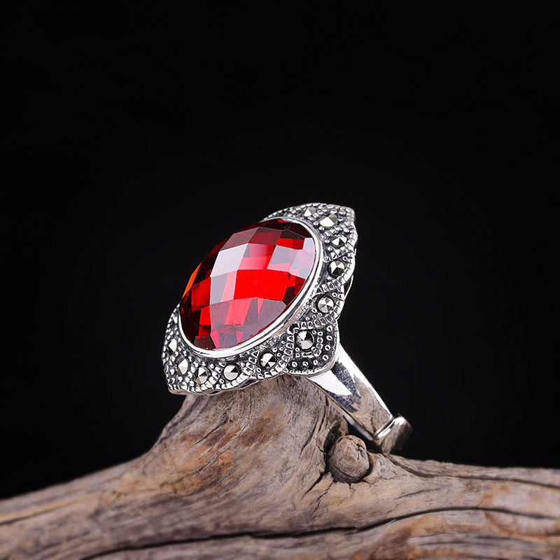 Bague en argent réglable rouge grenat fleur vintage