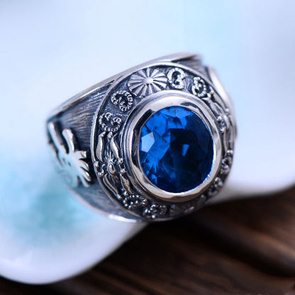 bague en argent sterling totem vintage en cristal bleu