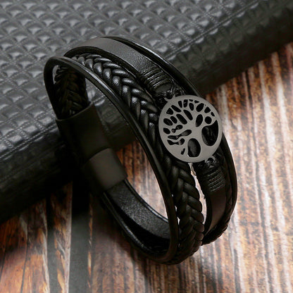 Simple Multilayer Leather Tree of Life Shaped Magnetic Bracelet