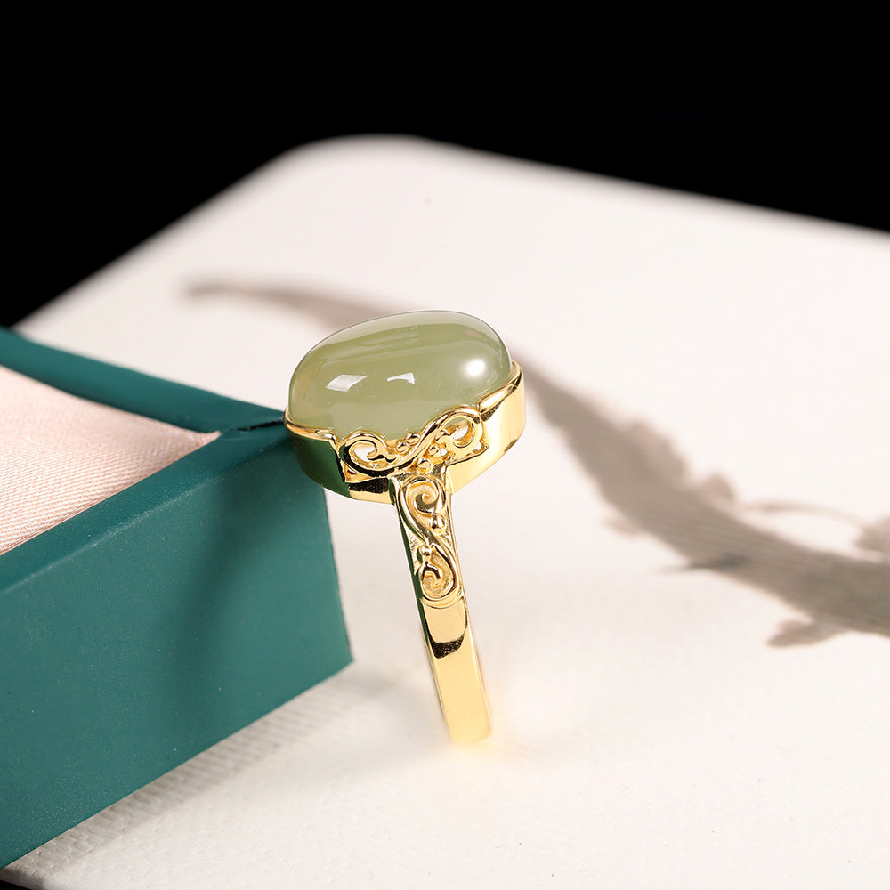 Simple Hetian Jade Adjustable Silver Ring